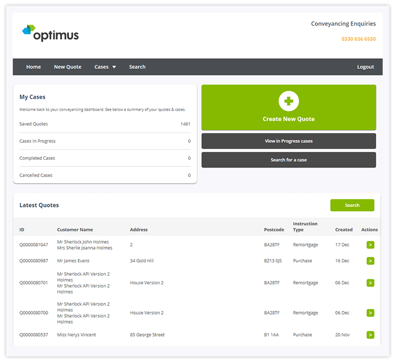 Optimus conveyancing portal screengrab my cases